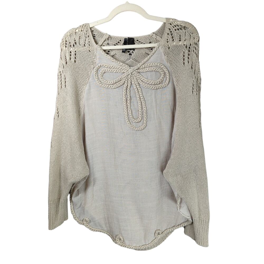Kaktus Sweater Womens M Cream Bow Mixed Fabrics Bat Wing Sleeves Loose weave‎